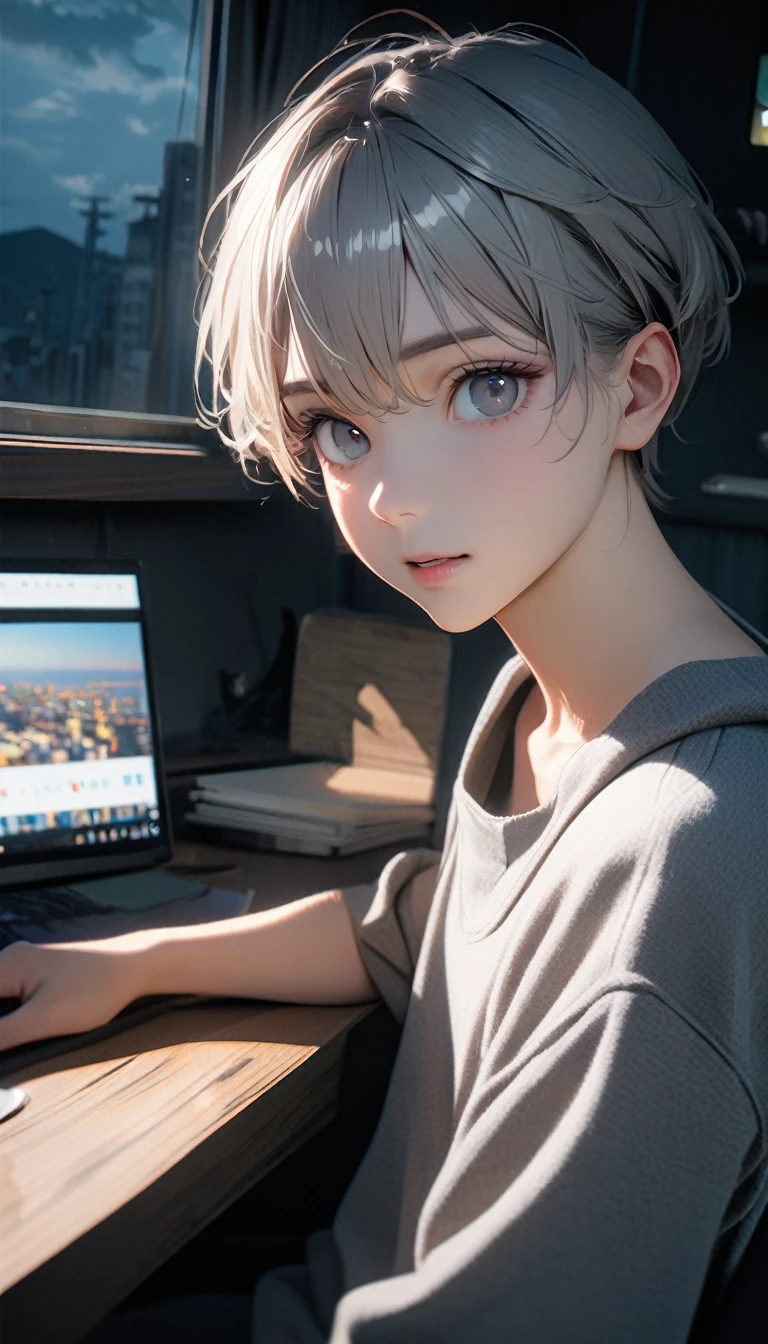 (8K, RAW photos, best quality, masterpiece: 1.4), (((The boy sits at the desk)))，Ultra-high resolution, Extremely detailed, light, Close-up of face, handsome boy, black eyes, (delicate eyes, Eyes are bright:1.2), Gray short hair, Fair skin,dark, Grey sweatshirt, sweatshirt with hood,(perfect anatomy:1.2), High-quality shadows, Natural Lighting, (White highlights:1.2), night, cloudy day, (at home:1.2), (quiet expression:1.2)