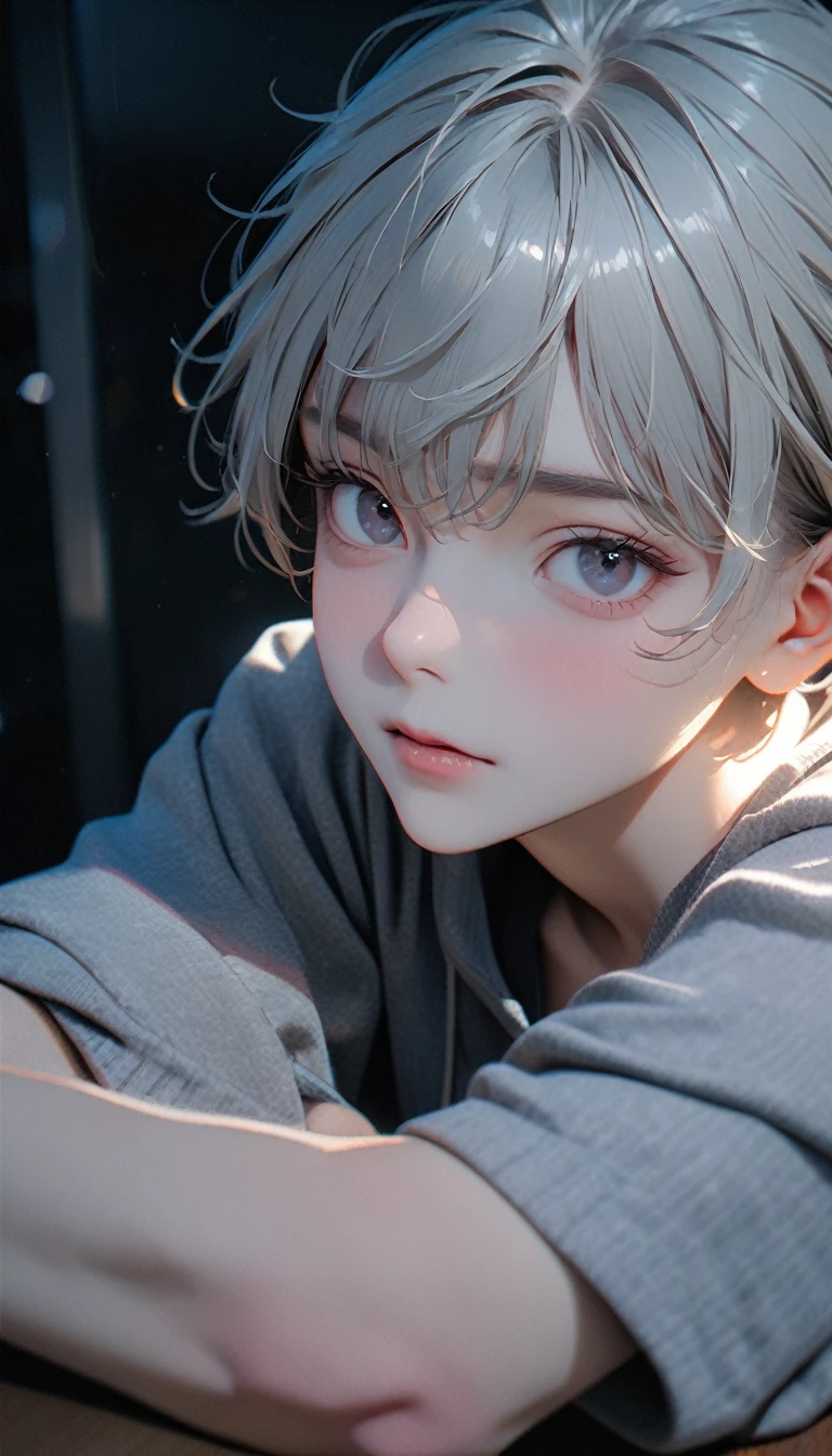 (8K, RAW photos, best quality, masterpiece: 1.4), (((The boy sits at the desk))),Ultra-high resolution, Extremely detailed, light, Close-up of face, handsome boy, black eyes, (delicate eyes, Eyes are bright:1.2), Gray short hair, Fair skin,dark, Grey sweatshirt, sweatshirt with hood,(perfect anatomy:1.2), High-quality shadows, Natural Lighting, (White highlights:1.2), night, cloudy day, (at home:1.2), (quiet expression:1.2)