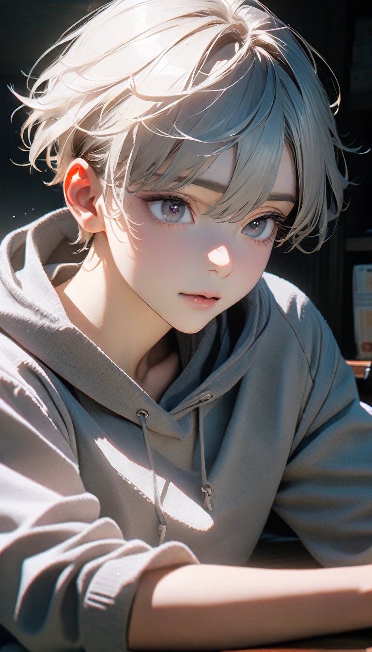 (8K, RAW photos, best quality, masterpiece: 1.4), (((The boy sits at the desk))),Ultra-high resolution, Extremely detailed, light, Close-up of face, handsome boy, black eyes, (delicate eyes, Eyes are bright:1.2), Gray short hair, Fair skin,dark, Grey sweatshirt, sweatshirt with hood,(perfect anatomy:1.2), High-quality shadows, Natural Lighting, (White highlights:1.2), night, cloudy day, (at home:1.2), (quiet expression:1.2)