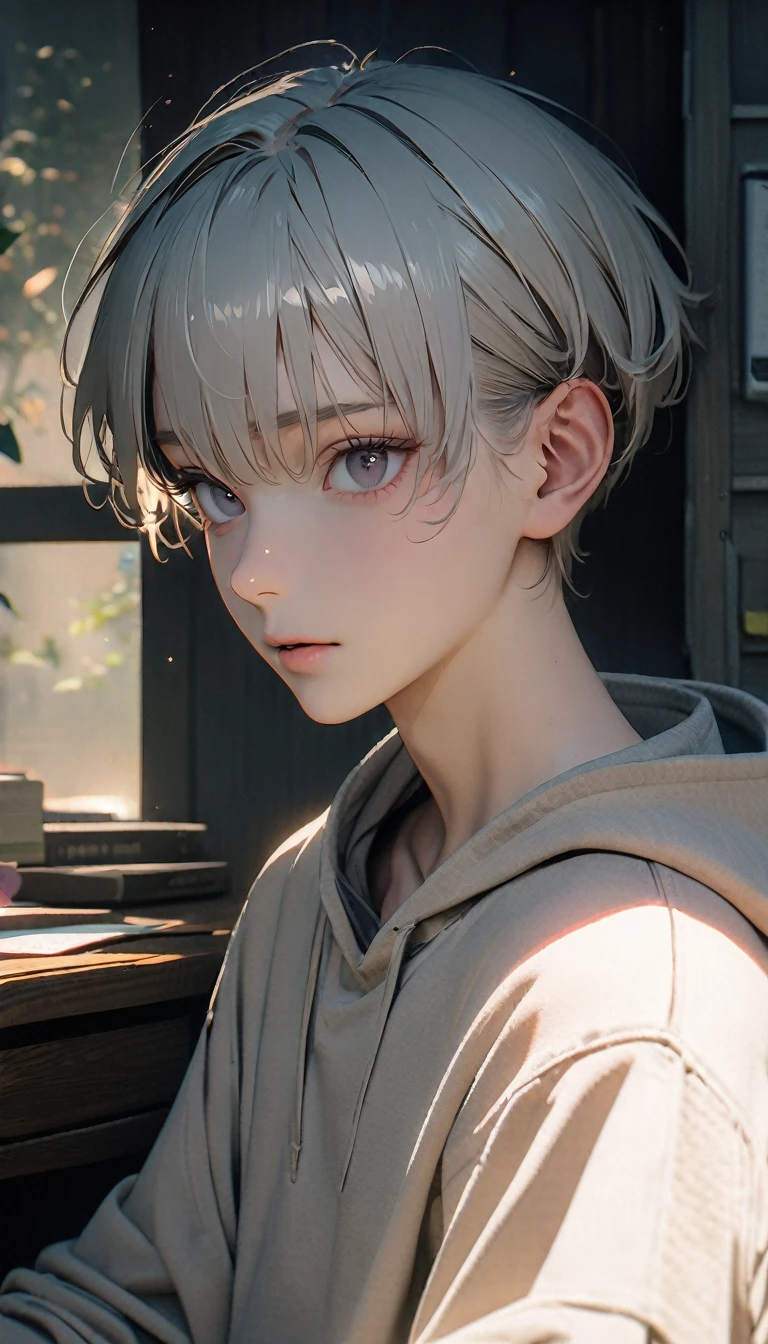 (8K, RAW photos, best quality, masterpiece: 1.4), (((The boy sits at the desk)))，Ultra-high resolution, Extremely detailed, light, Close-up of face, handsome boy, black eyes, (delicate eyes, Eyes are bright:1.2), Gray short hair, Fair skin,dark, Grey sweatshirt, sweatshirt with hood,(perfect anatomy:1.2), High-quality shadows, Natural Lighting, (White highlights:1.2), night, cloudy day, (at home:1.2), (quiet expression:1.2)