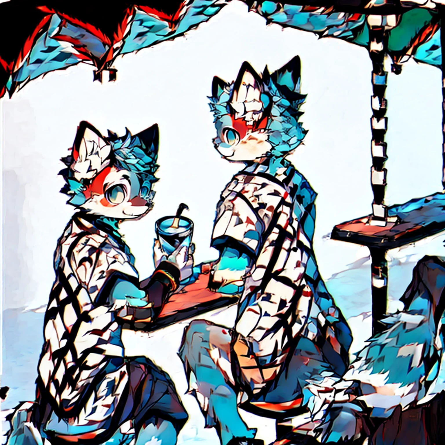 Sunlight,high resolution,4K,love,(((whole body:1.1,Back to camera:1.5))),masterpiece,high quality,Brave and bold,((Wolf)),male,(((Milk tea shop,Sitting at the bar:1.4))),WolfFurry,(juvenile),hairy,((charming,Smiling Face,Long hair)),((peaceful,Moderate)),(((Well-proportioned body,Small ears,Well-proportioned limbs,Wolf尾巴:1.2,Meat pad))),(((Green ears:1.5,Dark blue head,dark blue back,Dark blue limbs,Brown chest,brown abdomen,Blue pupils,粉色Meat pad))),(((Grey short sleeves,Red and black sports shorts,Blue sneakers:1.3))),Delicate face,Exquisite eyes,Detailed body,Detailed hands,Detailed feet