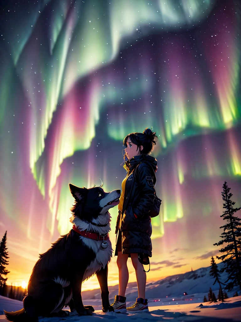 Highest Resolution,Highest quality,A woman watches the aurora borealis with her border collie dog,