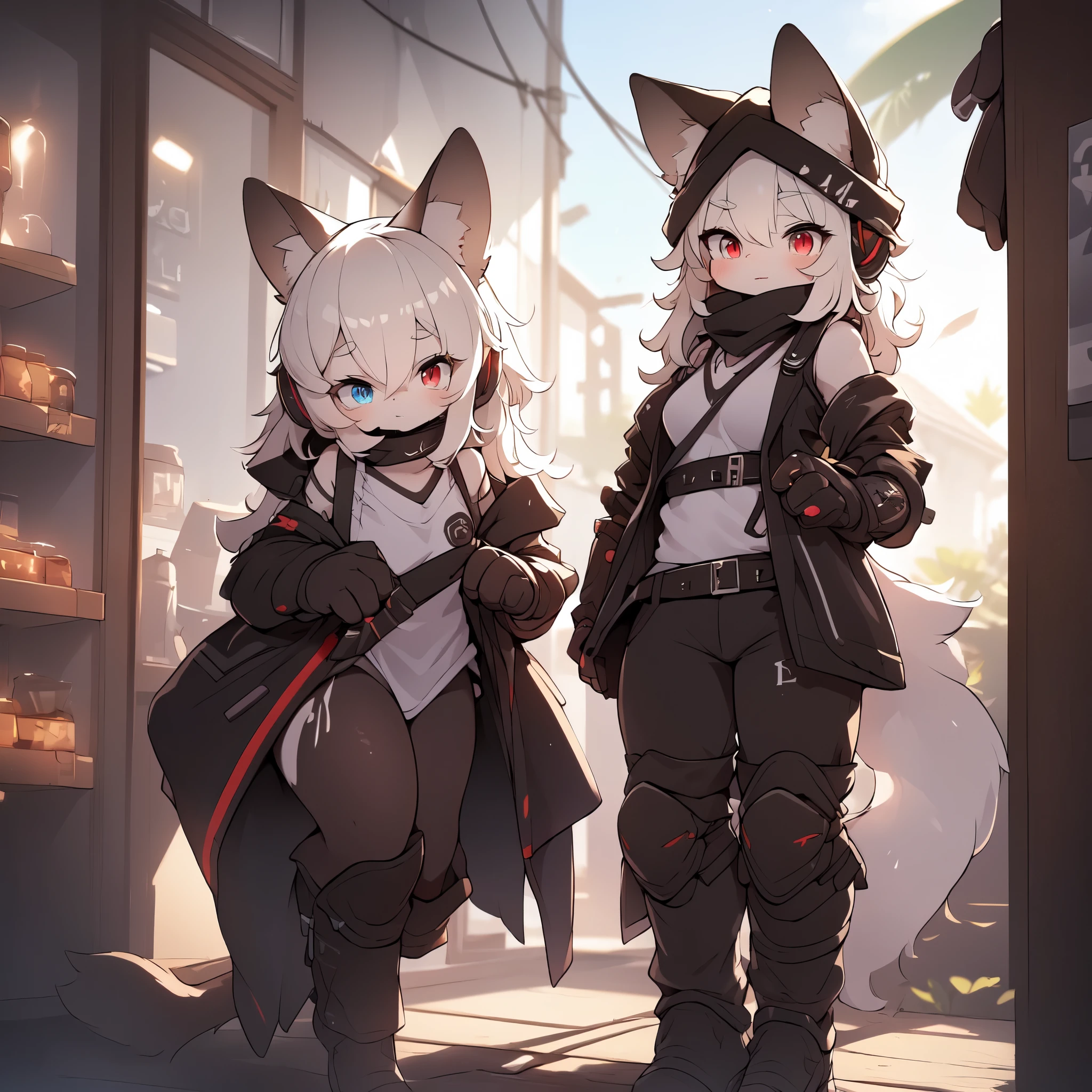 Kawaii, Striped Fluffy Fox, emaciated, long hair, 3girls, flawless skin, life support prosthetics, digital headphones, white long t-shirt, brown pantyhose, loose off-the-shoulder hood open jacket, belted long boots, tactical knee pads, loose Arm Sleeves, cybernetic Display gloves, chest rigs, tactical belts, ray tracing, depth of field, bloom, masterpiece, accurate, extreme detail description, volumetric lighting, rim lighting, chiaroscuro lighting, beautiful detailed face, physically-based rendering, HDR, UHD, anatomically correct, vivid colors, halbard