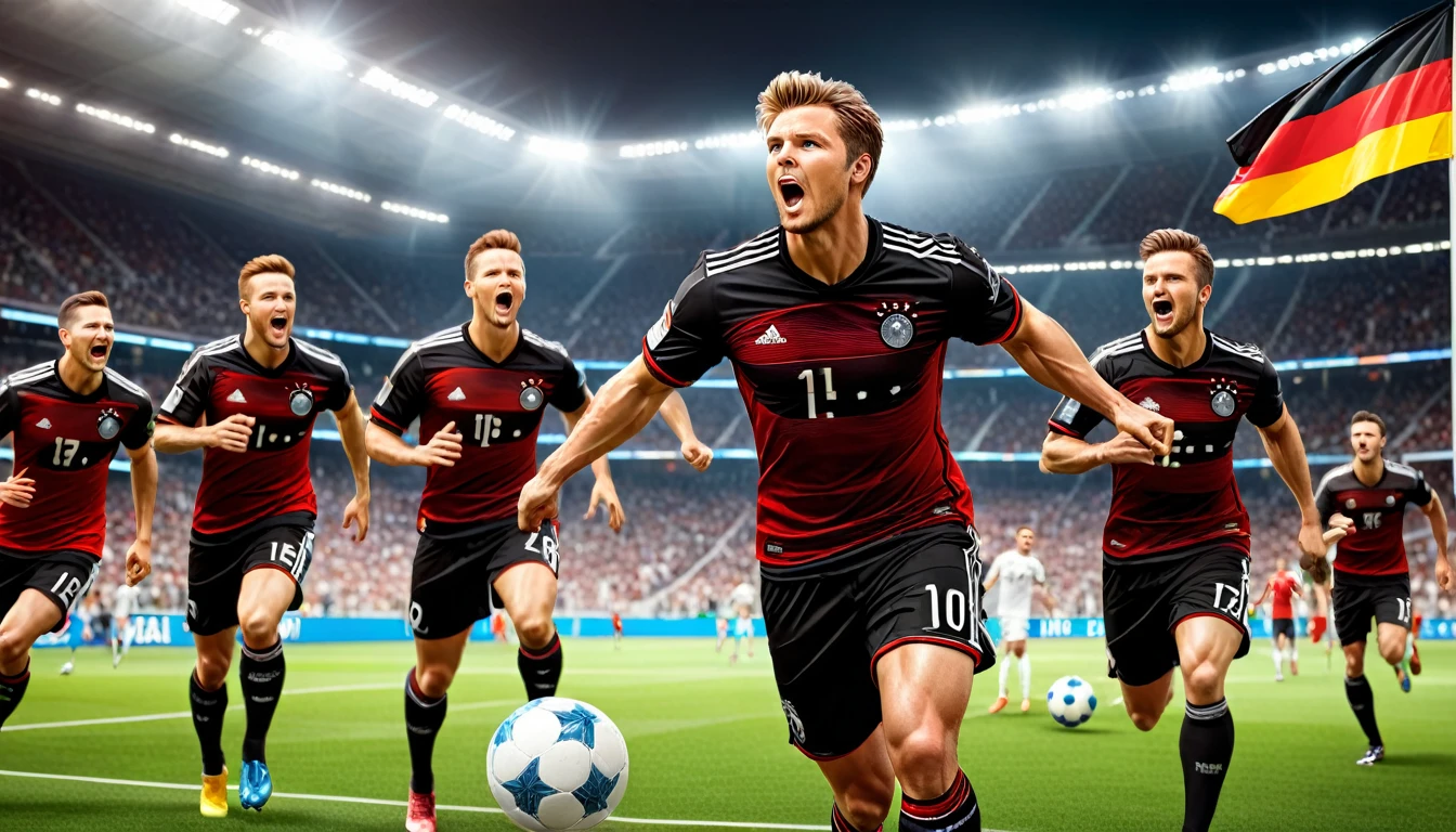 high quality, hyperdetailed, 3d, dynamic, dramatic lighting, highly detailed, photorealistic, 1 german male soccer team, soccer players, athletes, football, soccer, team, sports, sports uniforms, soccer jerseys, cleats, soccer ball, soccer field, stadium, crowds, cheering fans, flags, banners, action pose, muscular figures, sweat, motion blur, depth of field,