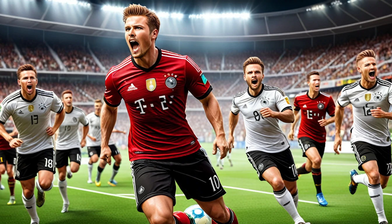 high quality, hyperdetailed, 3d, dynamic, dramatic lighting, highly detailed, photorealistic, 1 german male soccer team, soccer players, athletes, football, soccer, team, sports, sports uniforms, soccer jerseys, cleats, soccer ball, soccer field, stadium, crowds, cheering fans, flags, banners, action pose, muscular figures, sweat, motion blur, depth of field,