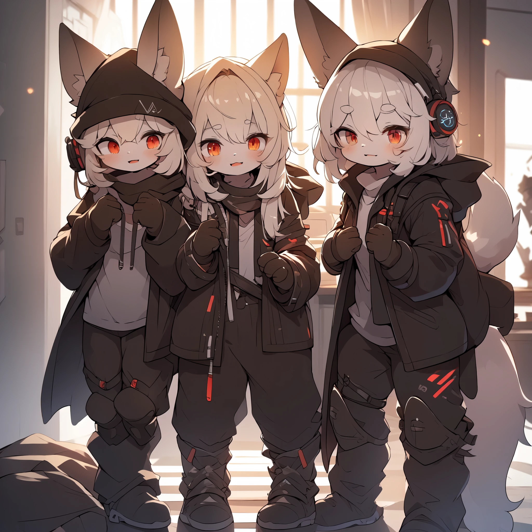 Kawaii, Striped Fluffy Fox, emaciated, long hair, 3girls, flawless skin, life support prosthetics, digital headphones, white long t-shirt, brown pantyhose, loose off-the-shoulder hood open jacket, belted long boots, tactical knee pads, loose Arm Sleeves, cybernetic Display gloves, chest rigs, tactical belts, ray tracing, depth of field, bloom, masterpiece, accurate, extreme detail description, volumetric lighting, rim lighting, chiaroscuro lighting, beautiful detailed face, physically-based rendering, HDR, UHD, anatomically correct, vivid colors, halbard