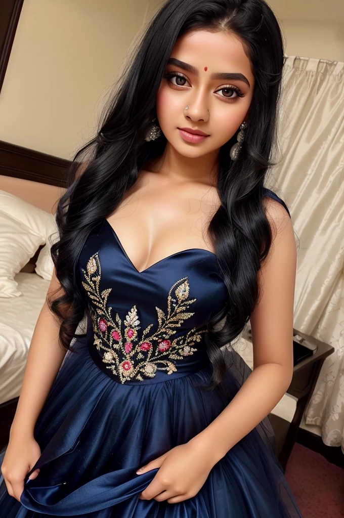 create a most beautiful girl image 18 years age. Wearing Embroidered Layered Tulle Gown. also wearing white pearl necklace. there is black bindi on forehead. preety good blue eyes, long black hair. she is standing and blushing.