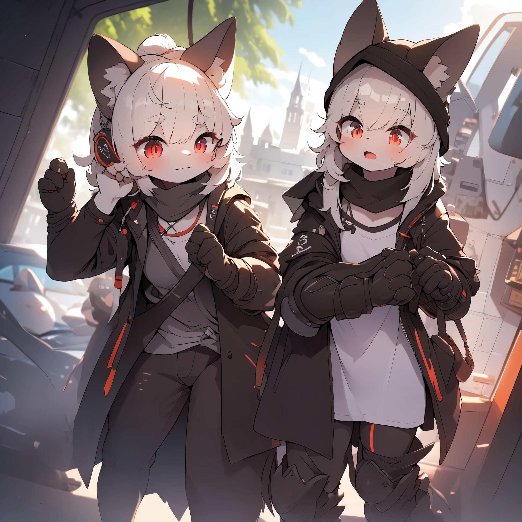 Kawaii, Striped Fluffy Fox, emaciated, long hair, 3girls, flawless skin, life support prosthetics, digital headphones, white long t-shirt, brown pantyhose, loose off-the-shoulder hood open jacket, belted long boots, tactical knee pads, loose Arm Sleeves, cybernetic Display gloves, chest rigs, tactical belts, ray tracing, depth of field, bloom, masterpiece, accurate, extreme detail description, volumetric lighting, rim lighting, chiaroscuro lighting, beautiful detailed face, physically-based rendering, HDR, UHD, anatomically correct, vivid colors, halbard