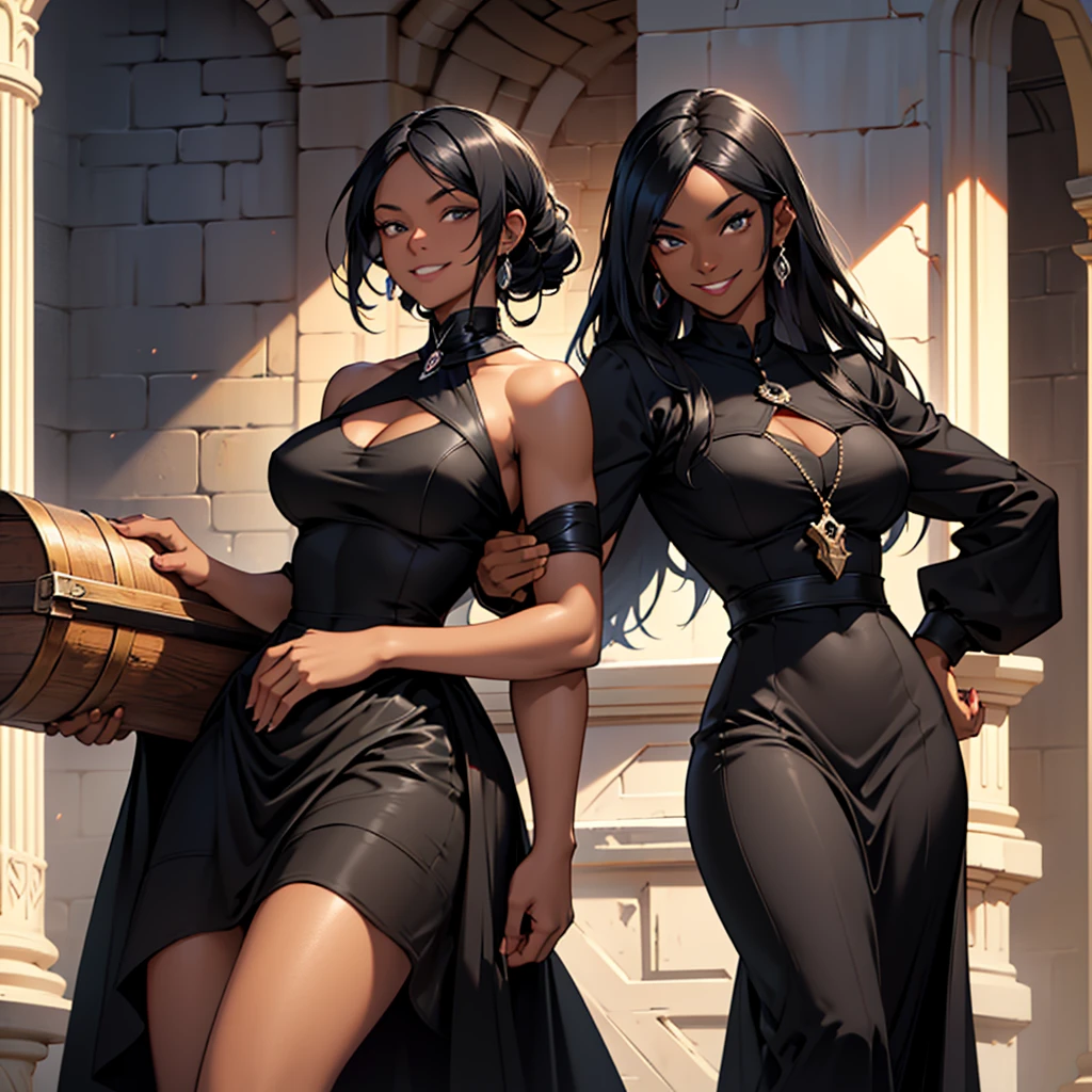 A woman, 22 years old, black skin, dark skin, mischievous smile, big breasts, mischievous smile, curious look, medieval period, wearing a black dress, wearing a black dress, wearing a black tuxedo, medieval background , Ultra HD 4k, 4k, Ultra HD
