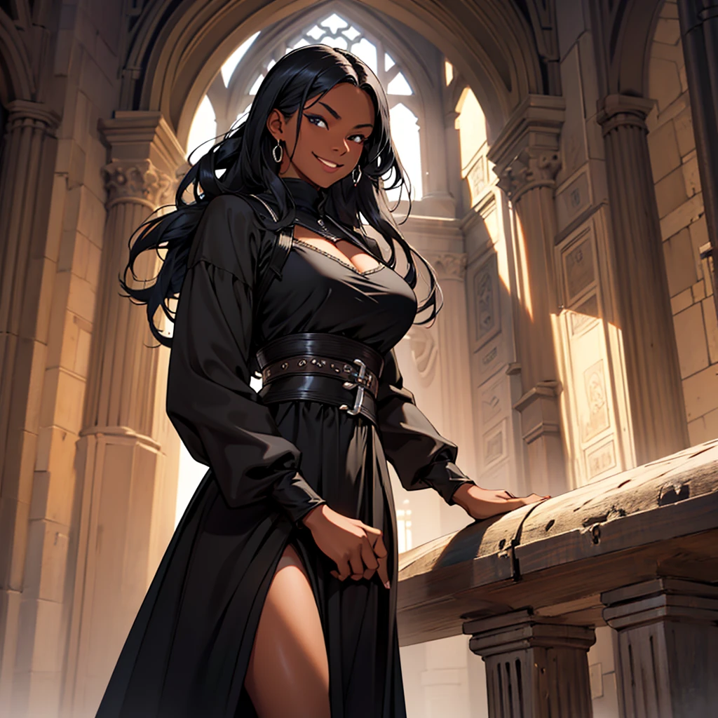 A woman, 22 years old, black skin, dark skin, mischievous smile, big breasts, mischievous smile, curious look, medieval period, wearing a black dress, wearing a black dress, wearing a black tuxedo, medieval background , Ultra HD 4k, 4k, Ultra HD