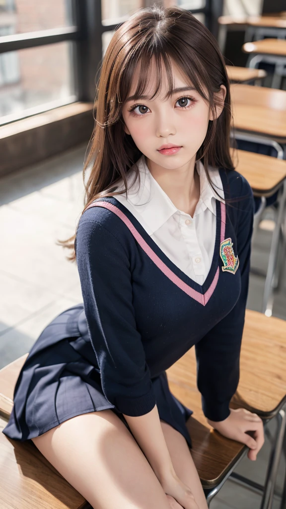 (Showing panties:1.2), (Professional portrait, Realistic and perfectly shaped subjects:1.3), (masterpiece, highest quality:1.2), (Realistic, Ultra-realistic, Realistic:1.3), (ultra High resolution), High resolution, Intricate details, Super detailed, (Highly detailed CG, unity 8k wallpaper:1.3), Clear image,
break
(1 Japanese girl, 16 years old), (cute, Slender figure), (Perfect Anatomy, Correct limbs:1.2), (Perfect hands), Perfect Arms, Beautiful and delicate face down to the last detail, Beautiful and delicate eye and eye highlights, (Very thin and delicate、not too long lashes), (Captivating eyes, Beautifully detailed eyes and face), light makeup, Pink Lip, Lip gloss, Stylish face, (Shiny skin, Realistic skin detail), Brown Hair, Plump breast,
break
((school uniform)), (High school girl), (Black socks), shirt open
break
classroom, Sitting on the roof, (Cowboy Shot), break
(((blush:1.4))), ((Embarrassing:1.4)), (((shy:1.5)))
break
from below
break
