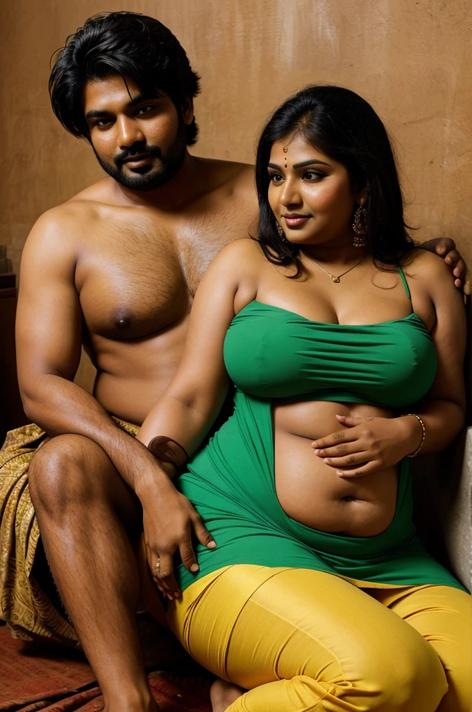 A slimmed Indian husband sitting on his fat gigantic Indian wife's lap.