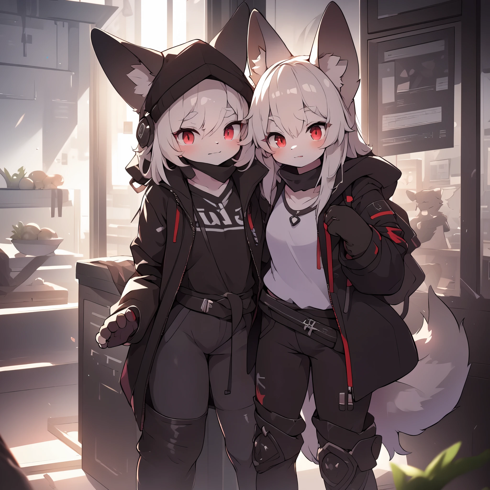 Kawaii, Striped Fluffy Fox, emaciated, long hair, 3girls, flawless skin, life support prosthetics, digital headphones, white long t-shirt, brown pantyhose, loose off-the-shoulder hood open jacket, belted long boots, tactical knee pads, loose Arm Sleeves, cybernetic Display gloves, chest rigs, tactical belts, ray tracing, depth of field, bloom, masterpiece, accurate, extreme detail description, volumetric lighting, rim lighting, chiaroscuro lighting, beautiful detailed face, physically-based rendering, HDR, UHD, anatomically correct, vivid colors, halbard