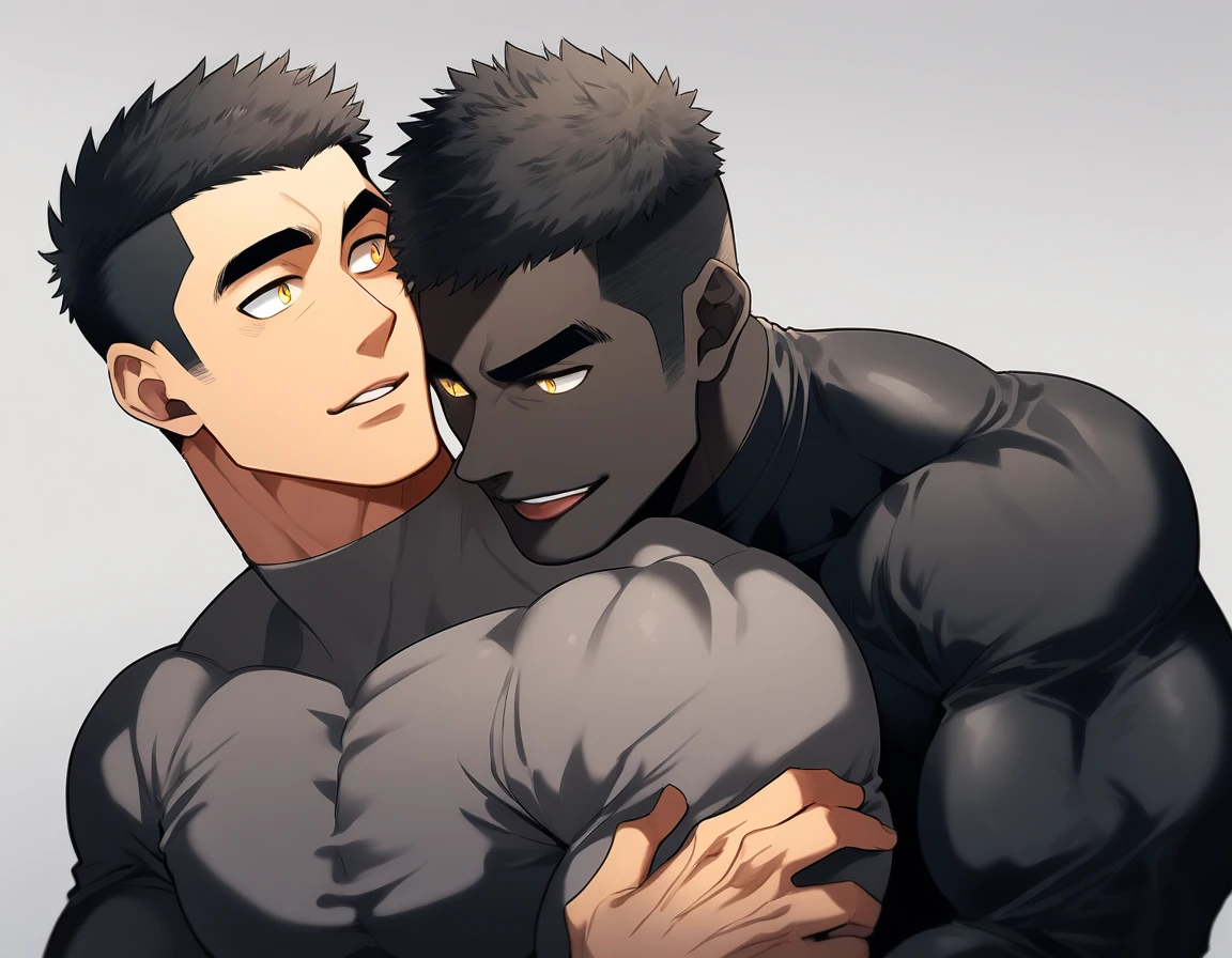 anime characters：Two superheroes in tights, Muscle superhero, ????? black skin, They hugged and kissed each other, Bite your neck, Caress, Manliness, male focus, Yellow and black high collar long sleeve tight T-shirt, Slightly transparent material, Very tight, Round, full and perky chest muscles, Male dog waist, Slightly transparent, muscular male, muscular, only, Upper body, alone, Black short hair, Thick eyebrows, stubble, Yellow eyes, Grey background, simple background, amazing quality, best aesthetics, Ridiculous, bright pupils, crew cut, parted lips, seductive smile, torogao, naughty face, drop shadow, best quality