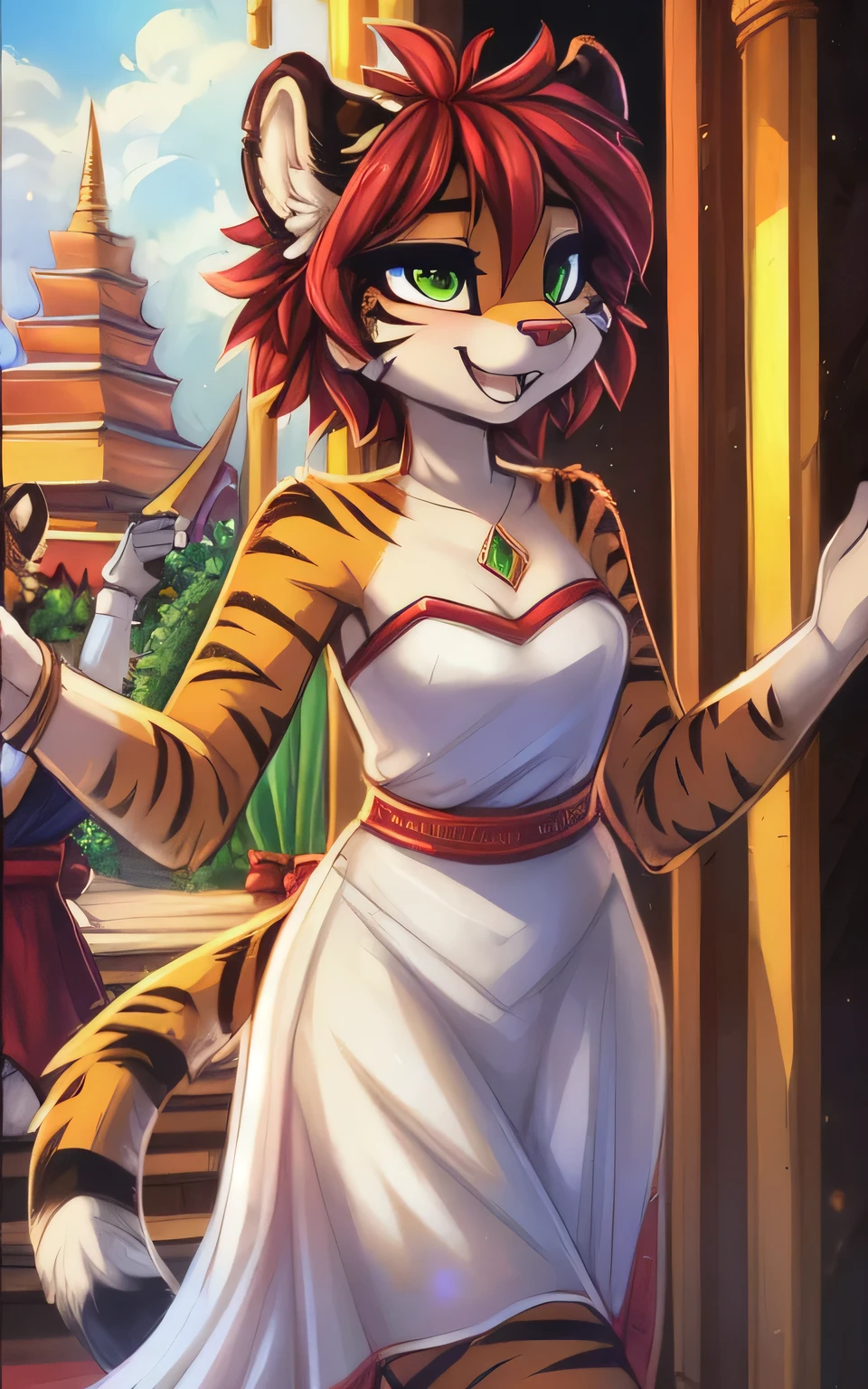 by kenket, Ross Tran, Ruean Jia, statue, away, by Zackary911, by Hyatt Lane, Theran, by Fumiko, by Pixelsketcher, by Bayard Wu, by Thomas Ben Ja  Min Kennington, by Einhelm, by Gilinah, by Coffee Soda, by Hioshiru, by Pui-Kevlar, by r-mk, by Dimwitdog, alone. ,  Post e621, beautiful and detailed portrait of a female (((woman))) anthro tiger, cinematic light, attractive, with, tiger, thighs, small breasts, full body, beautiful, short hair, messy hair, colored hair  Brown, young man (18 years old), green eyes, white dress (Thai dress), white stockings, cheerful expression, Thai temple background, Thailand, dancing. Looks surprised. Eyes are sparkling.  In a colorful procession, a parade, outdoors, looking up, laughing, in a bright city.