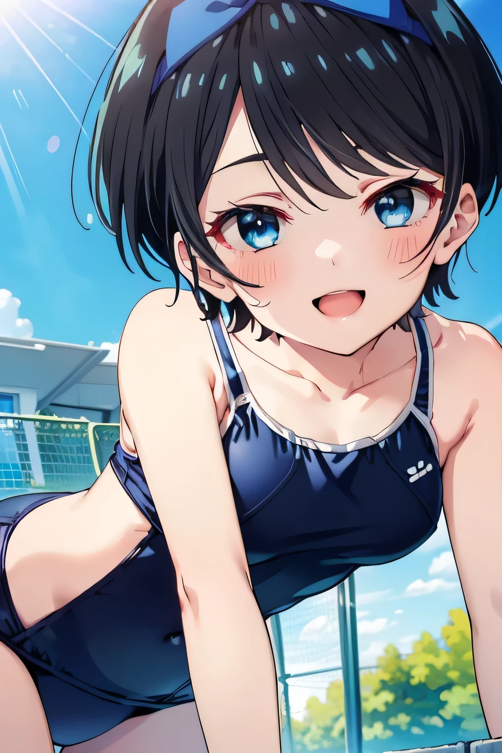 1girl , (Ruka Sarashina,sarashina ruka), bangs, ((blue eyes, short hair,Black Hair,Blue ribbon on the head)),happy smile, smile, Open your mouth,((School swimsuit,School Swimsuit)),Real Summer,Daytime,sunny,My hair is blowing in the wind,whole bodyがイラストに入るように,Slender body,
break outdoors, School,Pool,
break looking at viewer,On all fours,whole body,(Blue ribbon on head)
break (masterpiece:1.2), Highest quality, High resolution, unity 8k wallpaper, (shape:0.8), (Beautiful details:1.6), Highly detailed face, Perfect lighting, Extremely detailed CG, (Perfect hands, Perfect Anatomy),