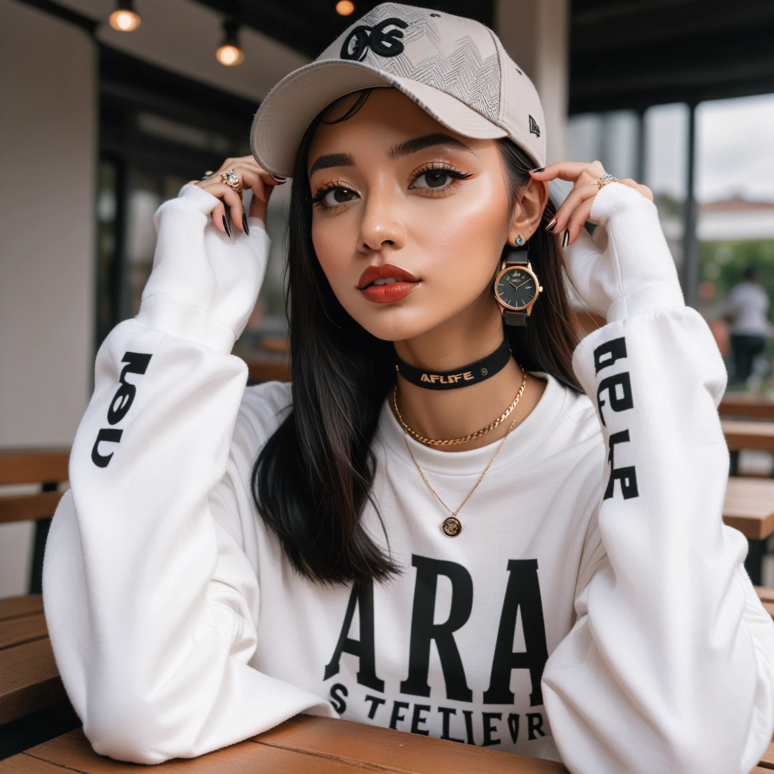 araffe sitting at a table with a hat on and a watch on, she is wearing streetwear, woman in streetwear, outlive streetwear collection, casual pose, streetwear fashion, female streetwear blogger, wearing a chocker and cute hat, casual streetwear, wearing baseball cap, 🤤 girl portrait, smooth in _ the background, shot on canon eos r5, with hat