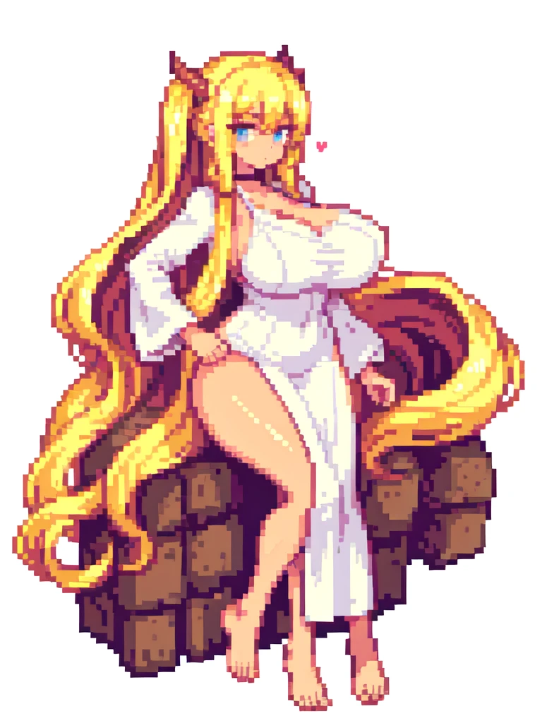 sitting,very tall woman,very big woman,gigantic woman,very muscle,{{long legs}},devil,{{muscular}},{{gigantic breasts}} ,{{curvy}},twintails,blonde hair ,white dress,barefoot,brown skin,masterpiece , best quality , pixel art , 1 girl ,{full body},voluptuous,white background