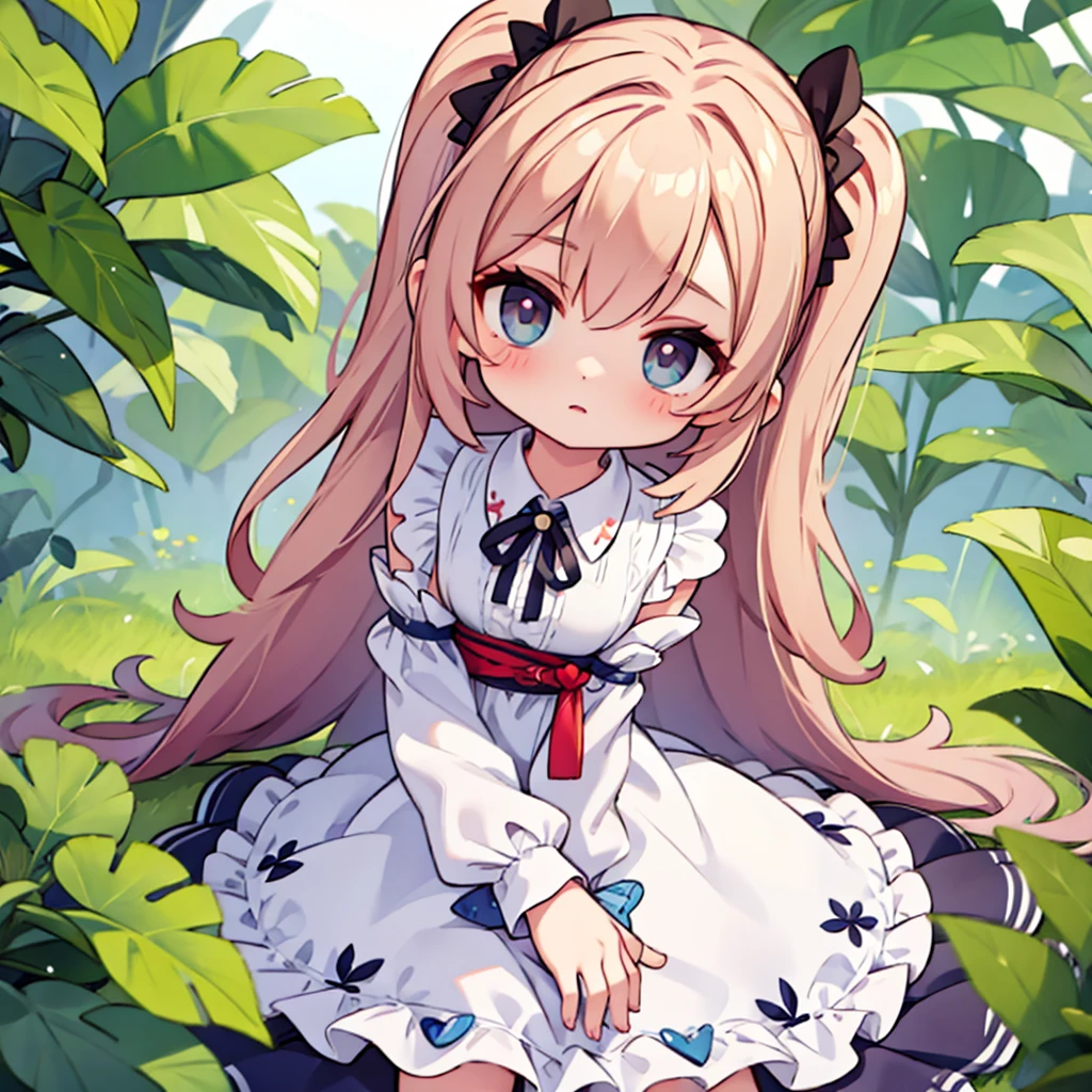 cute girl with big eyes looking at the camera. A little offended.Beautiful fluffy dress. Hair clips. long hair.