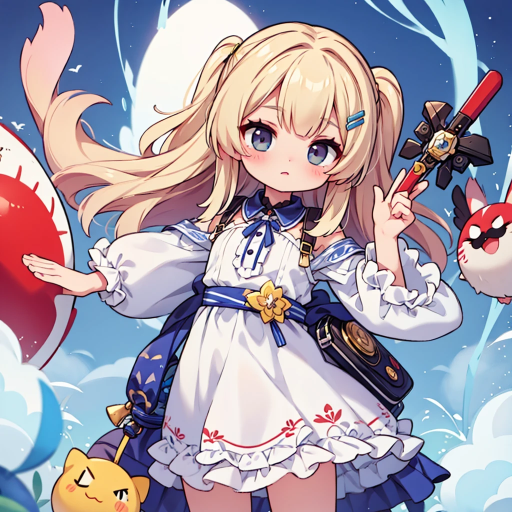 cute girl with big eyes looking at the camera. A little offended.Beautiful fluffy dress. Hair clips. long hair.
