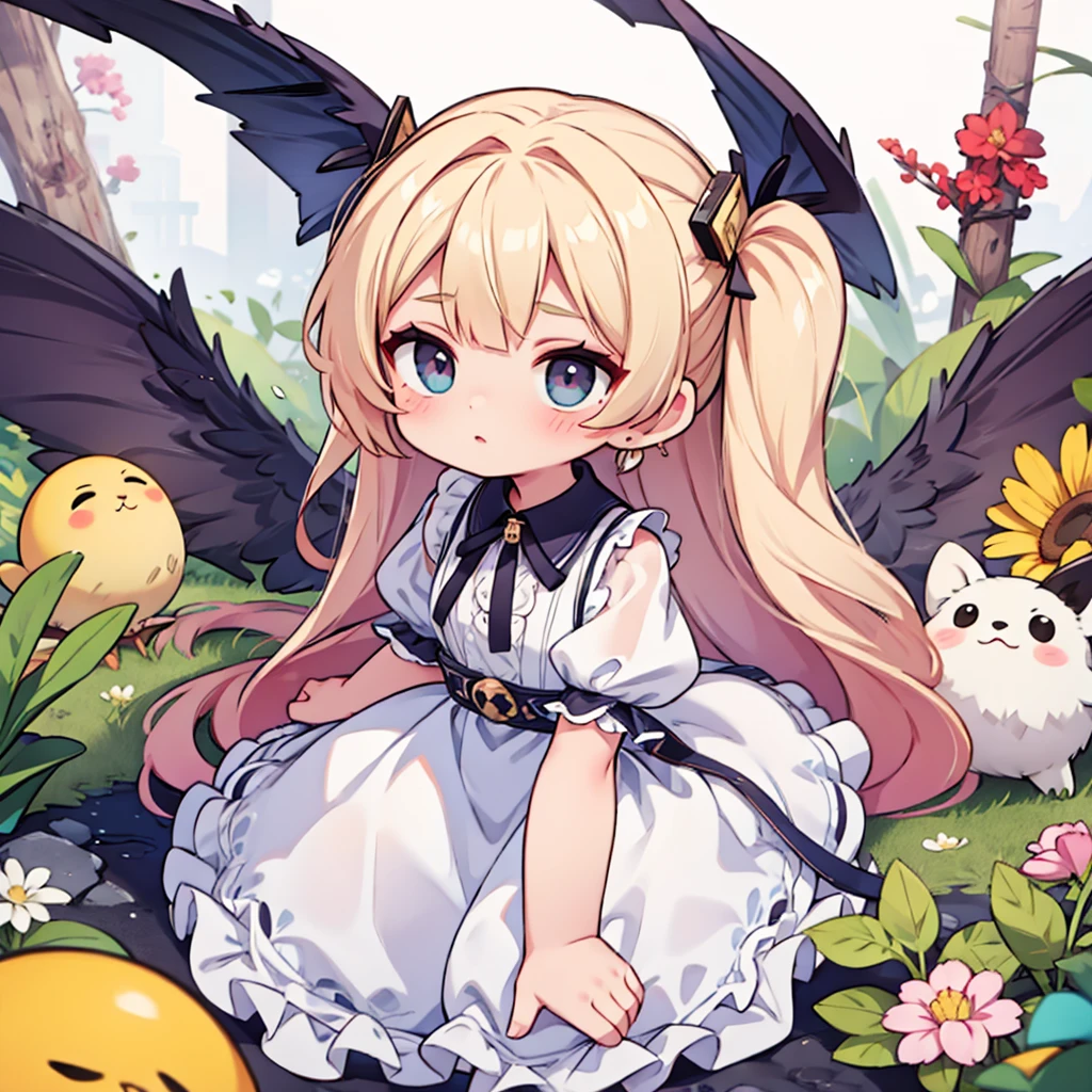 cute girl with big eyes looking at the camera. A little offended.Beautiful fluffy dress. Hair clips. long hair.