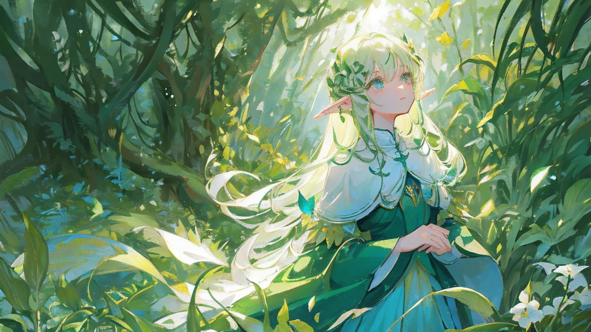 Green leaves,growing up,Earthy,Falling petals,(Flowers),Beautiful and delicate eyes,Gradient Hair,masterpiece,Soft Hair,(age Girls),Elf,Mop your straight hair,Elfの耳,Design a whimsical forest filled with mythical creatures, Glowing Plants, And a fantastic atmosphere.