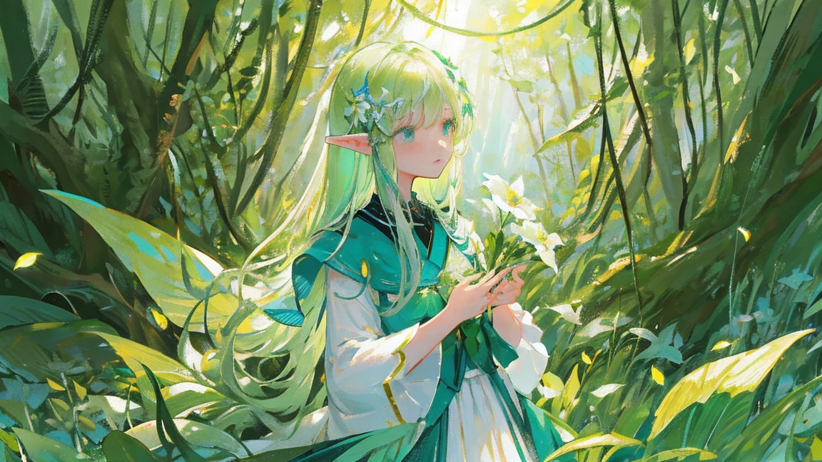 Green leaves,growing up,Earthy,Falling petals,(Flowers),Beautiful and delicate eyes,Gradient Hair,masterpiece,Soft Hair,(Teenage Girls),Elf,Mop your straight hair,Elfの耳,Design a whimsical forest filled with mythical creatures, Glowing Plants, And a fantastic atmosphere.