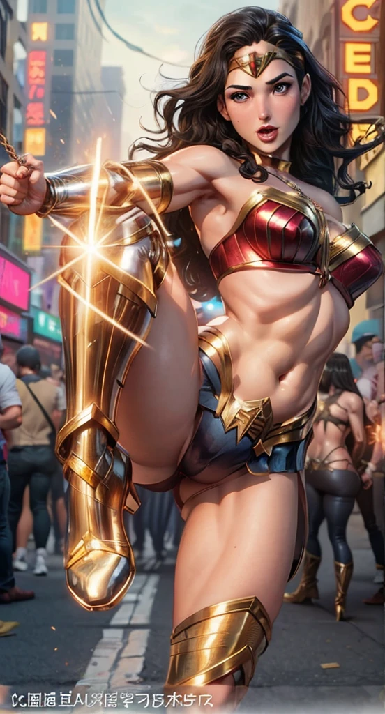 Gal Gadot as Wonder Woman， Giant octopus tentacles，entangle， huge breasts, Huge ass, plump body, Chained