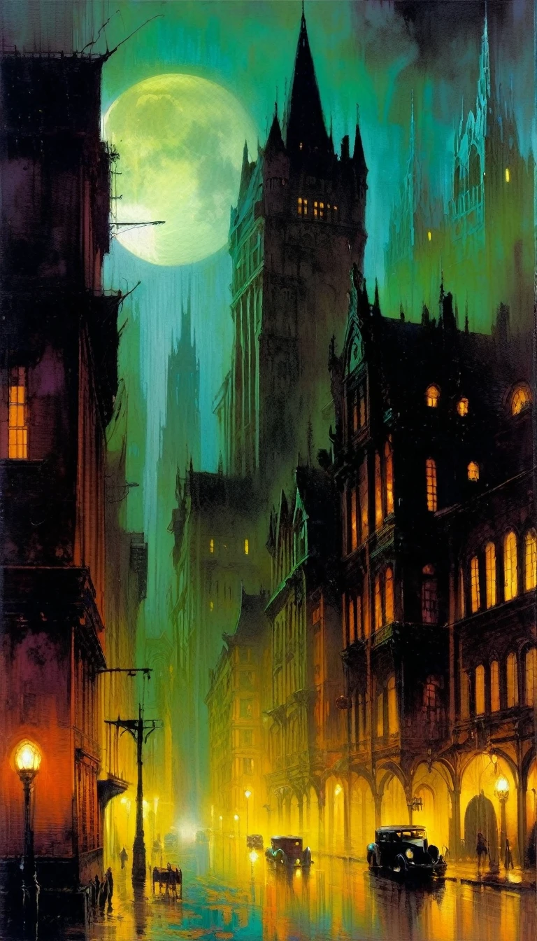 city ​​of vampires: 1.5, night, great detail of buildings, towers,(art inspired Bill Sienkiewicz). oil painting)
