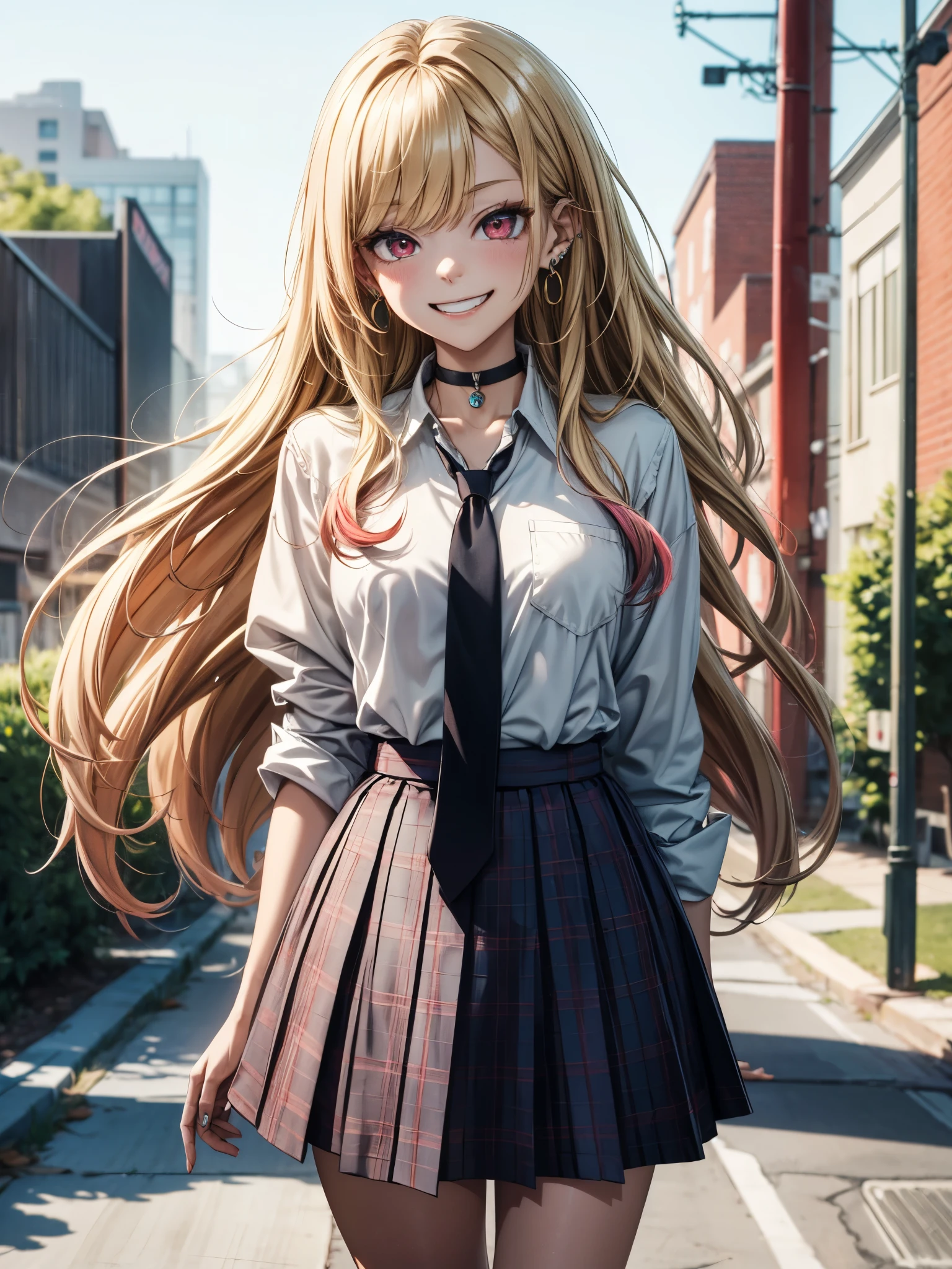 masterpiece, best quality, highres, kitagawa marin, 1girl, blonde hair, long hair, multicolored hair, red eyes, jewelry, earrings, piercing, , white shirt, tied shirt, black choker, blue necktie, plaid skirt, grin, smile, standing, cowboy shot, outdoors,,  sultry look, seductive
