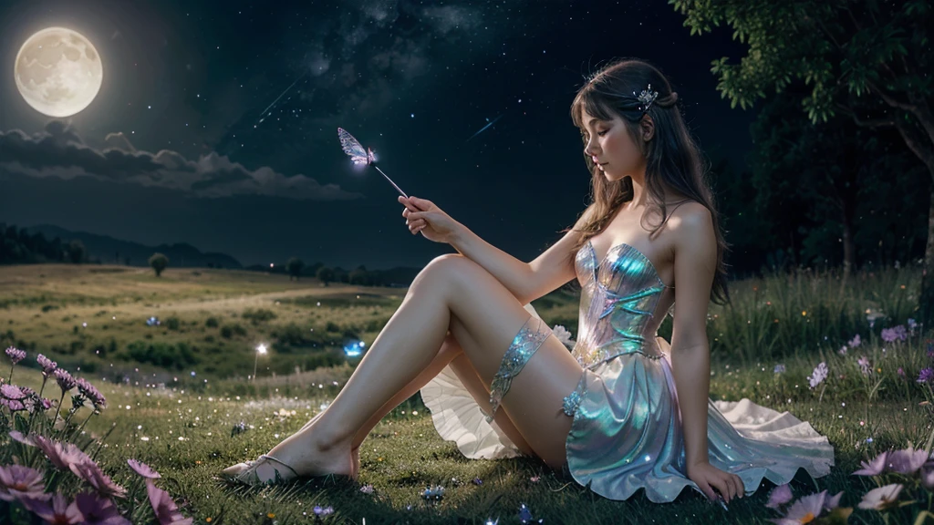 Magical image of an artistic illustration, fantasy, dreamy, ethereal fairy sits in a night time atmosphere, moon in the distance sparkles and small white flower. a whiter bow at the side of the waist. shimming no shoes intricate silver iridescent eroded butterfly wings a magic wand in hand, small iridescent swirls sparkles emerge from the top of the wand. she is in a meadow and dancing with iridescent butterfly's BG. night and stars and moon sultradetailed. oil painting.