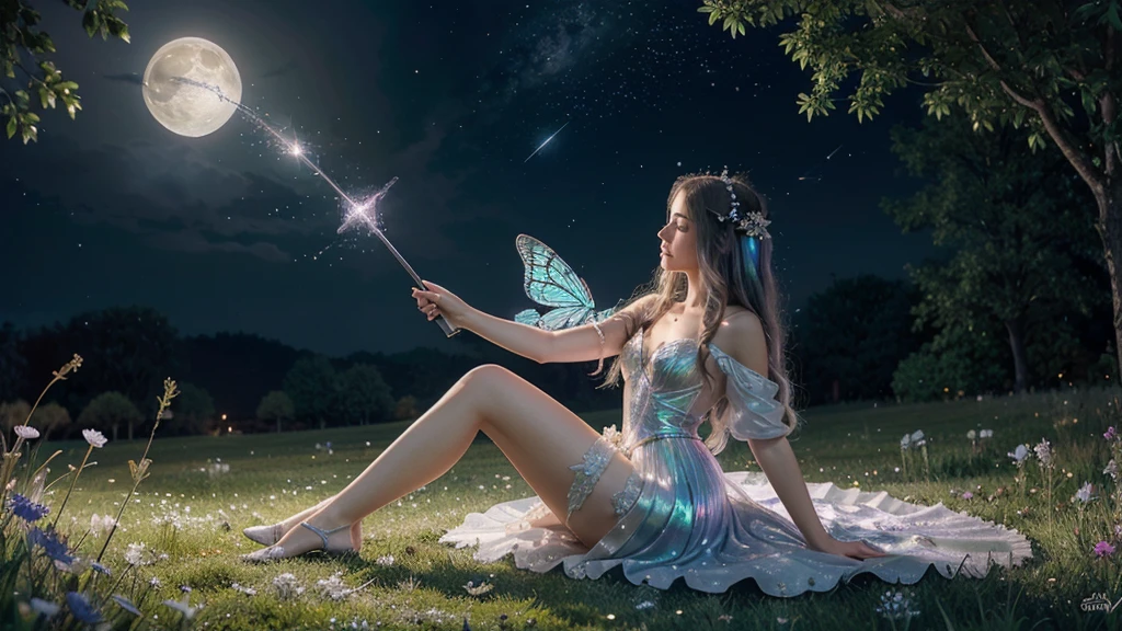 Magical image of an artistic illustration, fantasy, dreamy, ethereal fairy sits in a night time atmosphere, moon in the distance sparkles and small white flower. a whiter bow at the side of the waist. shimming no shoes intricate silver iridescent eroded butterfly wings a magic wand in hand, small iridescent swirls sparkles emerge from the top of the wand. she is in a meadow and dancing with iridescent butterfly's BG. night and stars and moon sultradetailed. oil painting.