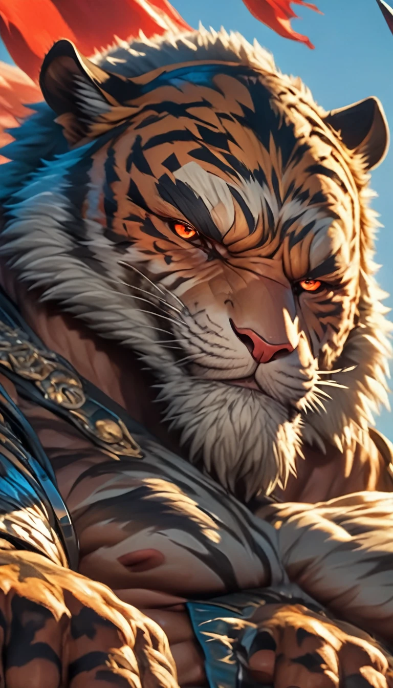 (best quality,4k,8k,highres,masterpiece:1.2),ultra-detailed,(realistic,photorealistic,photo-realistic:1.37),highly detailed intricate close-up portrait of a muscular anthropomorphic tiger warrior, wearing intimidating medieval armor and helmet, glowing red eyes, sharp fangs, fierce expression, four powerful arms, clawed hands, textured fur, dramatic lighting, epic fantasy battlefield background, dynamic action pose, inspired by the character Kintaro from the Tekken fighting game series, painting by Li Kan, cinematic, vibrant colors, dramatic shadows