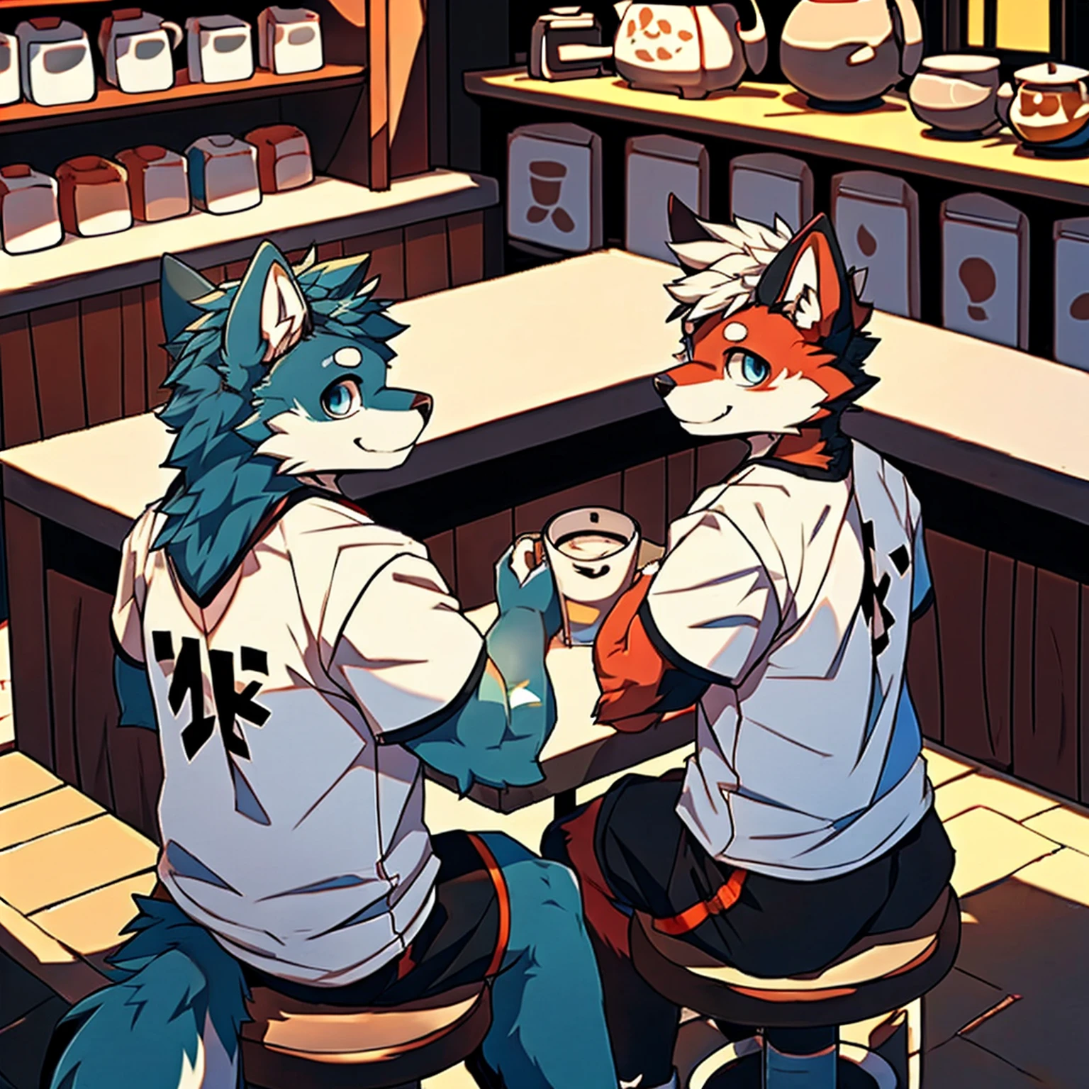 Sunlight，high resolution，4K，love，(((whole body:1.1，Back to camera:1.5)))，masterpiece，high quality，Brave and bold，((Wolf))，male，(((Milk tea shop，Sitting at the bar:1.4)))，WolfFurry，(juvenile)，hairy，((charming，Smiling Face，Long hair))，((peaceful，Moderate))，(((Well-proportioned body，Small ears，Well-proportioned limbs，Wolf尾巴:1.2，Meat pad)))，(((Green ears:1.5，Dark blue head，dark blue back，Dark blue limbs，Brown chest，brown abdomen，Blue pupils，粉色Meat pad)))，(((Grey short sleeves，Red and black sports shorts，Blue sneakers:1.3)))，Delicate face，Exquisite eyes，Detailed body，Detailed hands，Detailed feet
