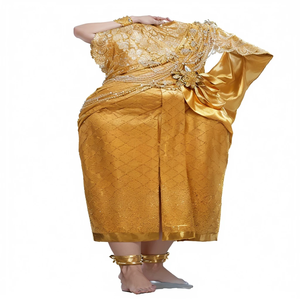 a close up of a woman in a gold dress with a gold sash, sukhothai costume, sarong, female looking, draped in silky gold, gold clothes, idian dress, intricate hakama, side view intricate details, golden robes, looking from side, golden dress, view from the side, robe. extremely high details, golden full body armor