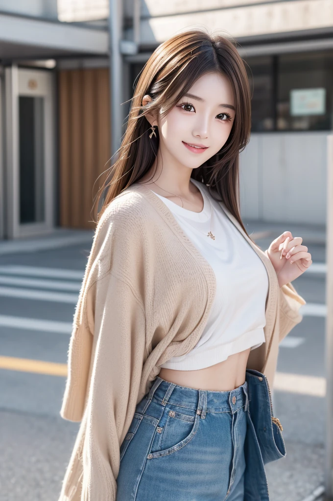 Image resolution 8K、masterpiece:1.3)、Beauty、1 female、(魅力的なbody:1.2)、abdomen:1.1、Dark Brown Hair:1.1、(body:1.2)、Ultra-detailed face、Attractive lips、double eyelid、Wear fashionable, stylish clothes、Super realistic and detailed and super cute、Japanese women、10th generation(18-year-old)、Smiling with a nice smile、Hair fluttering in the wind、color々Hair style、Portrait in studio、color々Facial expressions、