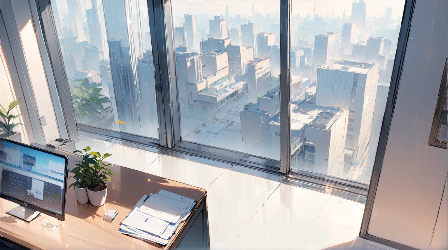 ((best quality)), ((masterpiece)), (detailed), office, president's office, floor-to-ceiling windows, top-down view scene,Potted plants,There is a computer and documents on the desk