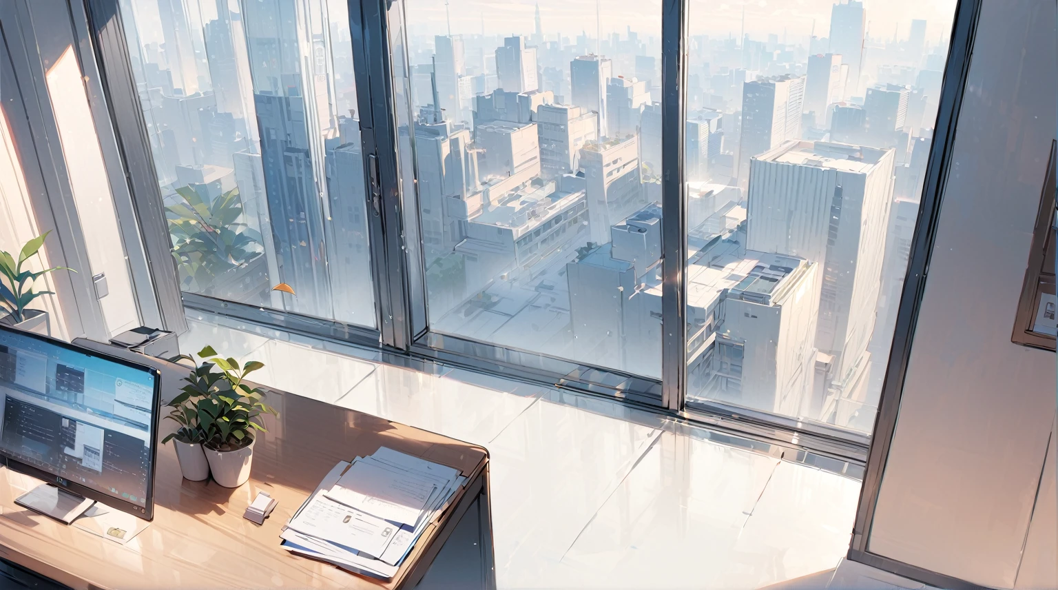 ((best quality)), ((masterpiece)), (detailed), office, president's office, floor-to-ceiling windows, top-down view scene,Potted plants,There is a computer and documents on the desk