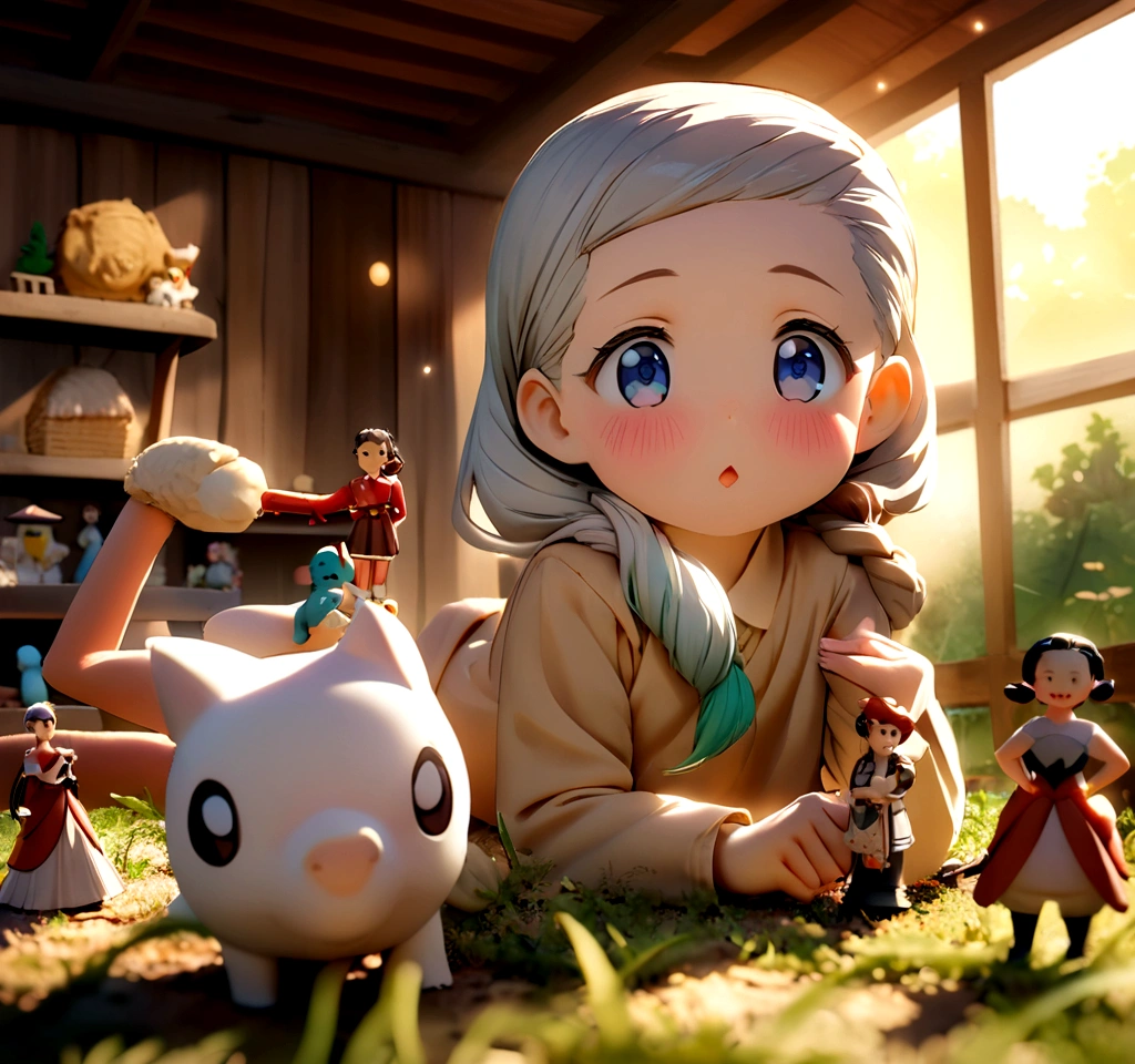 interesting, comical, , 5 years old, , farm background, (Playful), toy,figure, High resolution, Vibrant colors, Soft lighting, Random Action，Randomly worn，Random Angle,（Exquisite hand:1.5)（Perfect Body Proportions:1.5）（More sophisticated anime eyes:1.5）Long Hair，Random Hairstyles