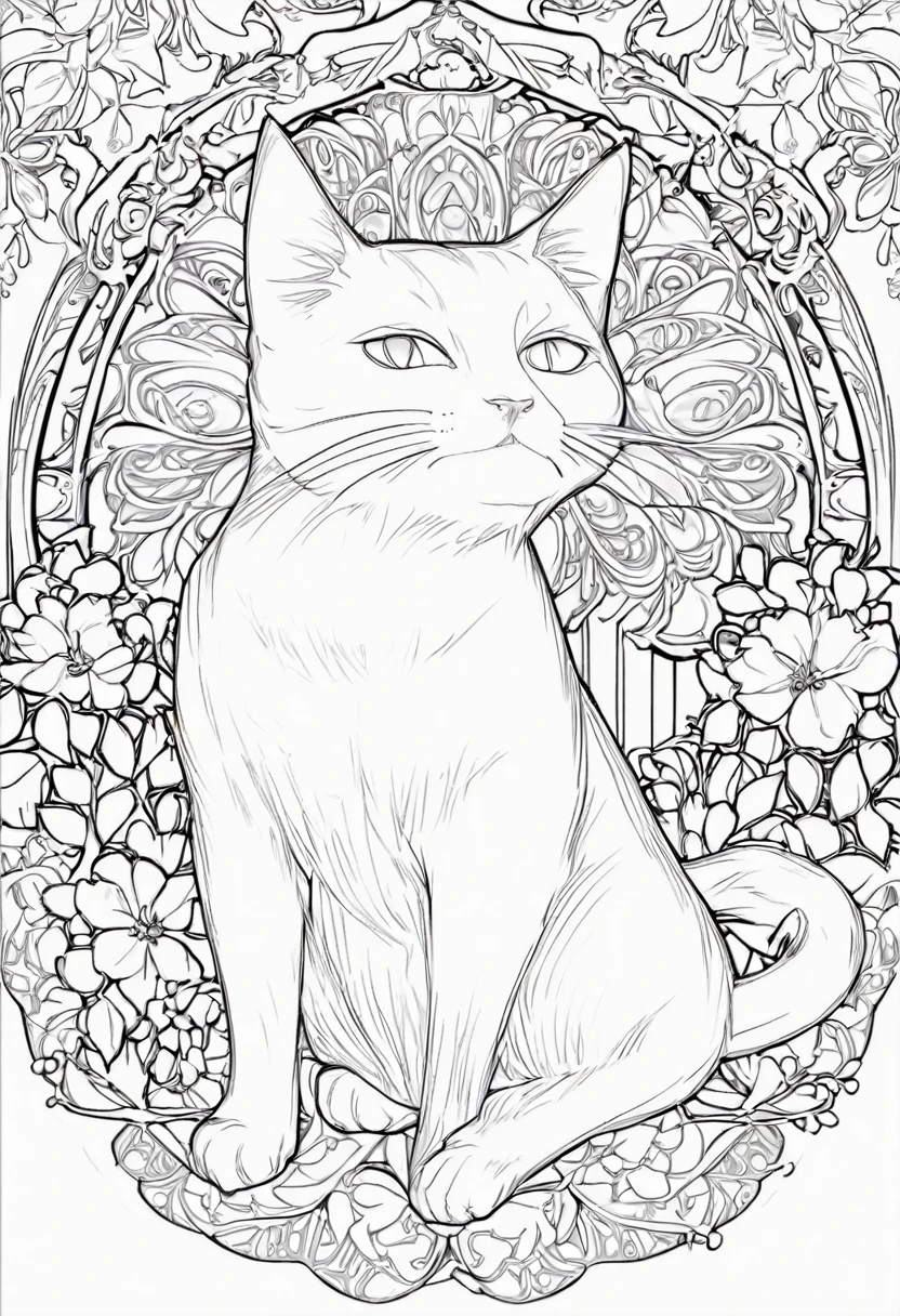 white and black cat with a white background, ploynesian, garden, art for coloring book page, full white background, only use outline, line art, clean line art, mandala for coloring with nature ornaments, simple and clean line art, adorned in Art Nouveau style, with a stroke of Alfons Mucha's brush, perfect details, real