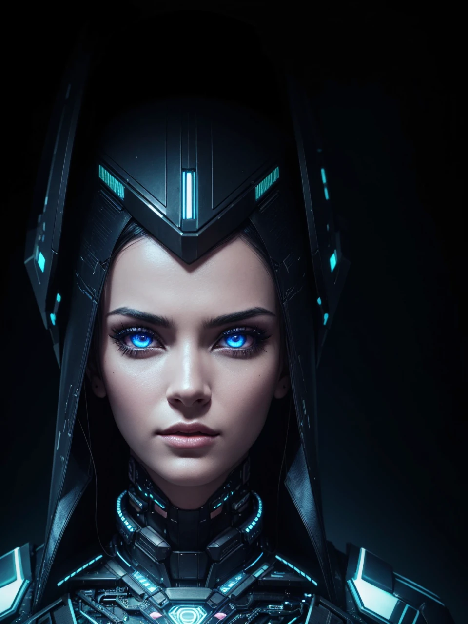 cyberpunk, 3d, digital art, highly detailed, cinematic lighting, neon lights, futuristic city, skyscrapers, flying cars, holographic displays, android, woman with cybernetic implants, beautiful detailed eyes, beautiful detailed lips, extremely detailed face and skin, intricate mechanical parts, glowing circuit patterns, moody color palette, dark and gritty atmosphere, photorealistic, 8k, high resolution, masterpiece