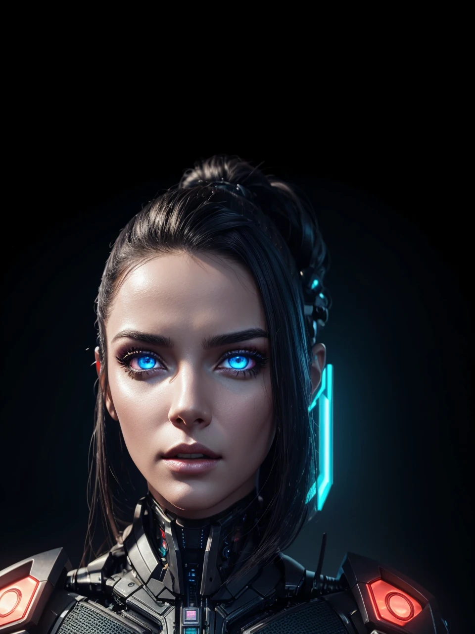 cyberpunk, 3d, digital art, highly detailed, cinematic lighting, neon lights, futuristic city, skyscrapers, flying cars, holographic displays, android, woman with cybernetic implants, beautiful detailed eyes, beautiful detailed lips, extremely detailed face and skin, intricate mechanical parts, glowing circuit patterns, moody color palette, dark and gritty atmosphere, photorealistic, 8k, high resolution, masterpiece