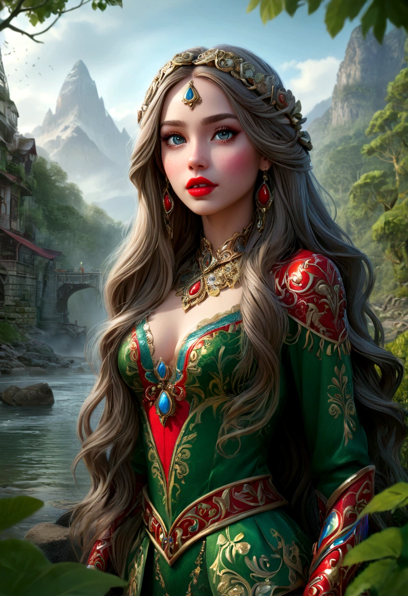 a girl with long flowing hair, beautiful detailed eyes, detailed face, red lips, wearing a colorful ornate costume, standing in a lush green forest landscape with mountains and a river, 8k, high quality, photorealistic, intricate details, dynamic lighting, vibrant colors