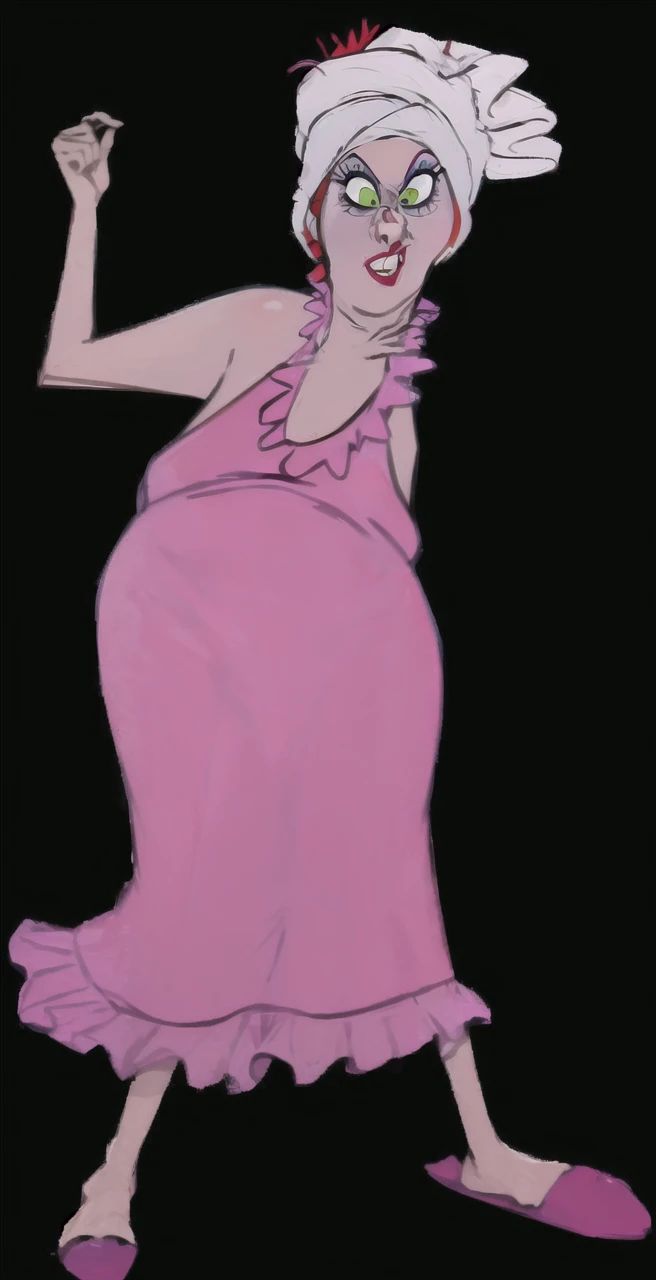 Madame Medusa wearing pink nude long sleeve transparent plastic sheer Nightgown on for her naked body four penises Peeing on basement floor.