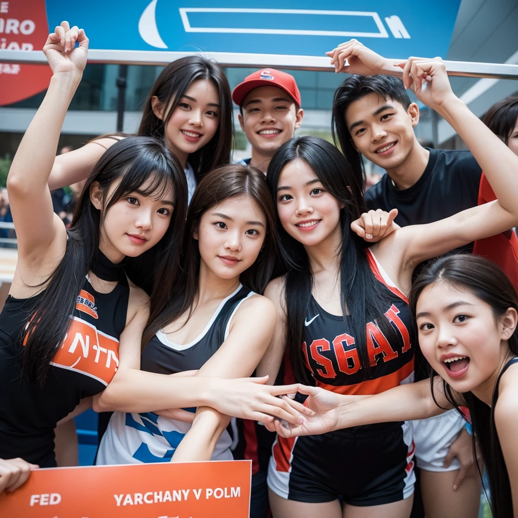Generate a poster,Many sports youth,Take a photo together,Group photo