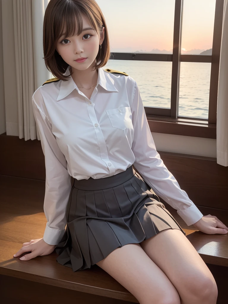 (Sony α1, SEL50F12GM), (Best Quality:1.3, High resolution, masuter piece:1.3), Pretty women, Against the background of orangey sunset sky、Clouds and sun sink into the ocean, Beautiful  in uniform sitting. Her hair is light brown, And it's medium bob style. She wears a white blouse and pleated skirt as part of her uniform. She sits with her legs apart, And her gaze is directed to the camera, Photographed from below, full body Esbian,