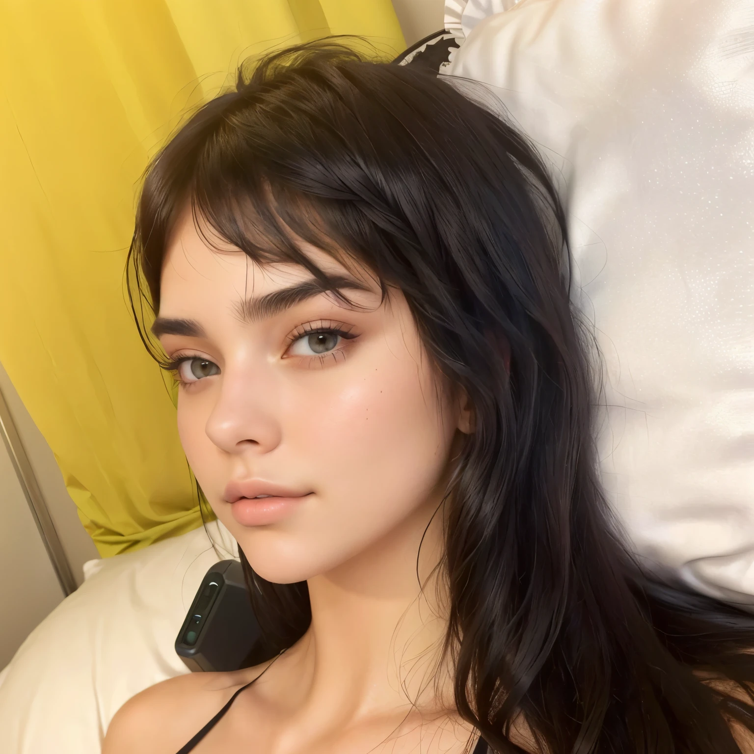 Arafed woman lying on a bed with a pillow and a cell phone., 18 years, sexy look, cara sexy, Kendall Jenner, sensual smile, Instagram Template, without makeup, bella poarch, Dua Lipa, 19 year old girl, curtain bangs, Perfect face, Perfect face ), she has black hair with bangs