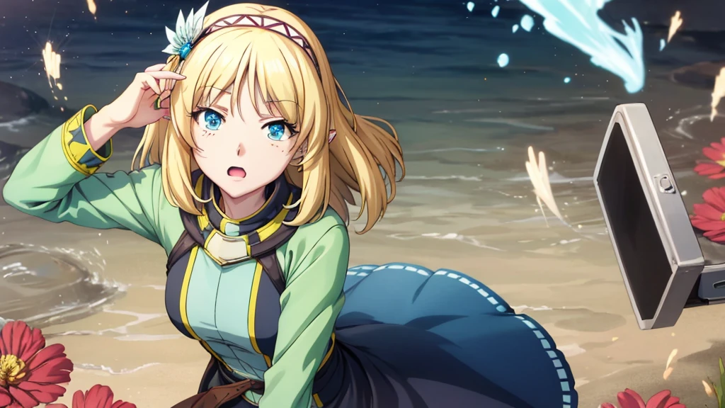 Anime girl holding flowers, Cute anime waifu in a nice dress, In a dress, I deny that, Official Art, Anime Princess, , Beatrice Blue, Zerochan Art, Royal elegant pose, Official Artワーク, Splash art anime , irritating, Kshat Krentz Key Art Female, Detailed fan art, Beautiful teenage girl, , One girl, Cayna, Blonde, short hair, blue eyes, hair ornaments, Very pointy ears