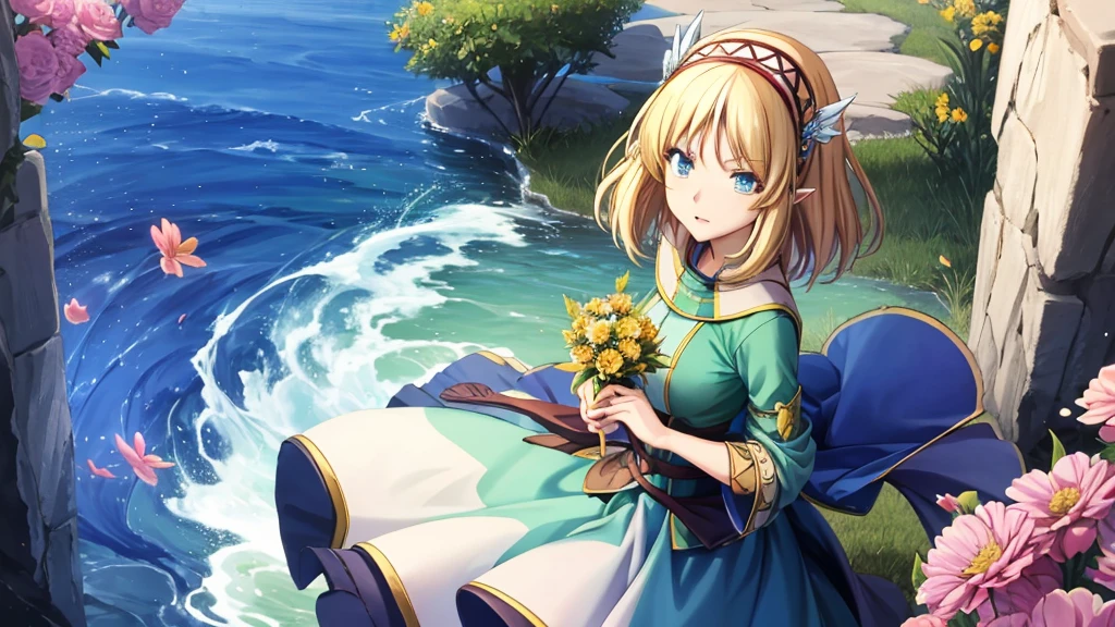 Anime girl holding flowers, Cute anime waifu in a nice dress, In a dress, I deny that, Official Art, Anime Princess, , Beatrice Blue, Zerochan Art, Royal elegant pose, Official Artワーク, Splash art anime , irritating, Kshat Krentz Key Art Female, Detailed fan art, Beautiful teenage girl, , One girl, Cayna, Blonde, short hair, blue eyes, hair ornaments, Very pointy ears