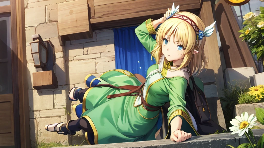 Anime girl holding flowers, Cute anime waifu in a nice dress,  In a dress, I deny that, Official Art, Anime Princess, , Beatrice Blue, Zerochan Art, Royal elegant pose, Official Artワーク, Splash art anime , irritating, Kshat Krentz Key Art Female, Detailed fan art, Beautiful teenage girl, , One girl, Cayna, Blonde, short hair, blue eyes, hair ornaments, Very pointy ears